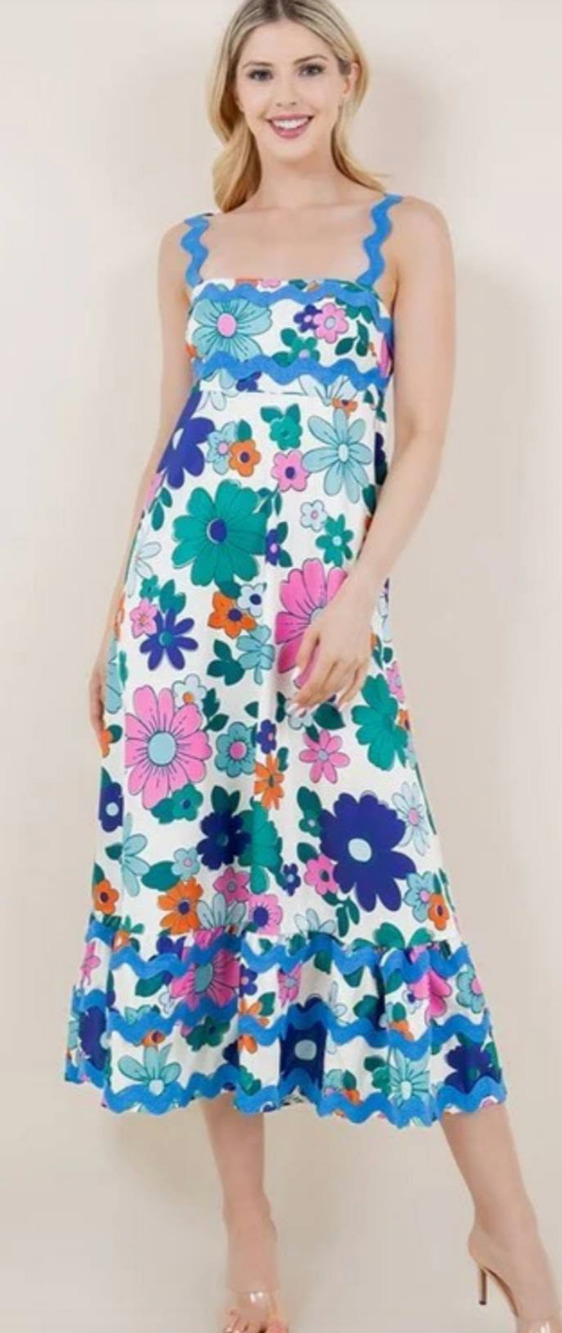 SundayUp Midi Dress Medium Floral Print Scallop Trim Cream Blue